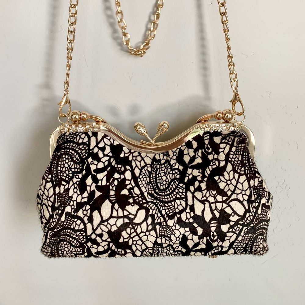 Handmade Real hair-on-horsehide Black Lace Print Kisslock Clutch/Crossbody - Picture 11 of 16